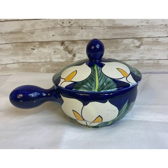 Mexican Talavera Pottery Colorful Calla Lilies Soup Bowl w/Handle and Lid Salsa - Picture 4 of 13